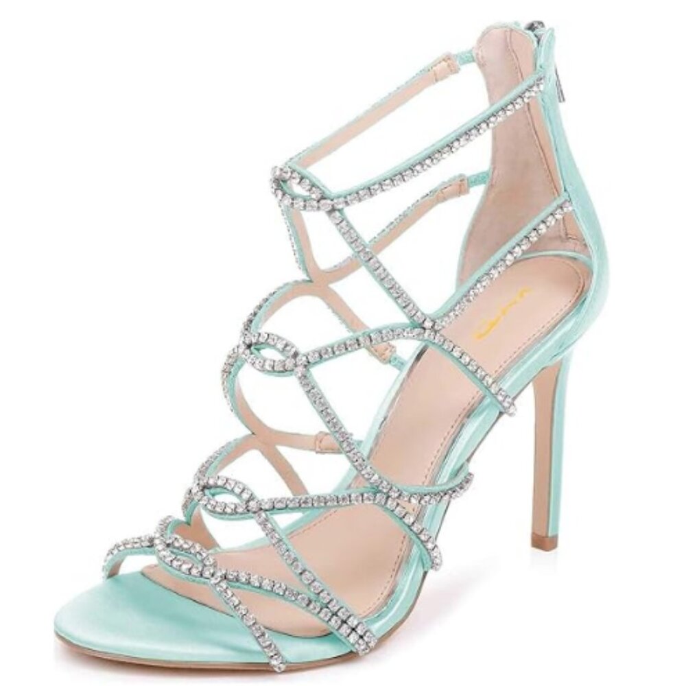 XYD Turquoise Strappy Peep Toe Rhinestone High Heel Stilettos Sandals Shoes